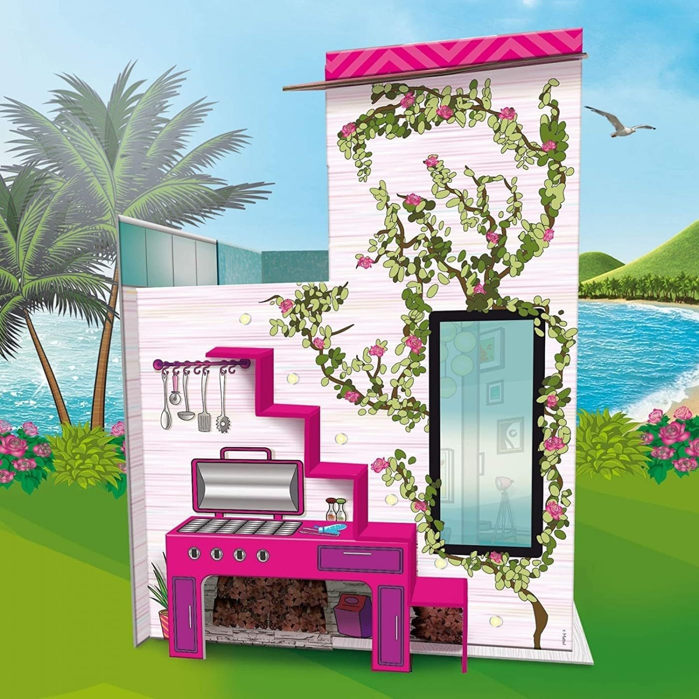 Lisciani - Dockhus - Barbie semestervilla med docka - Fantastiskt spel - Kartonghus att montera och dekorera - Kreativ fritid - För tjejer från 4 år Naty Shop dockskåp