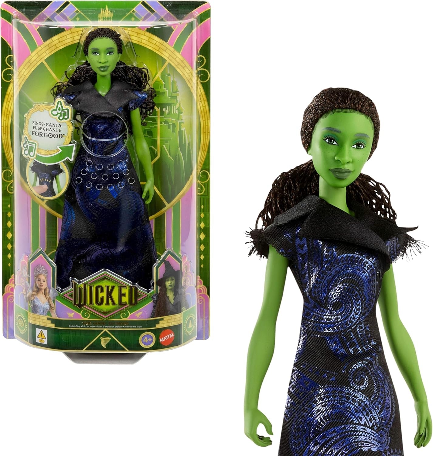 Mattel Wicked: for Good Singing Elphaba Fashion Doll av Universal Pictures med avtagbar filminspirerad outfit Sings "for Good" på engelska, JFM09