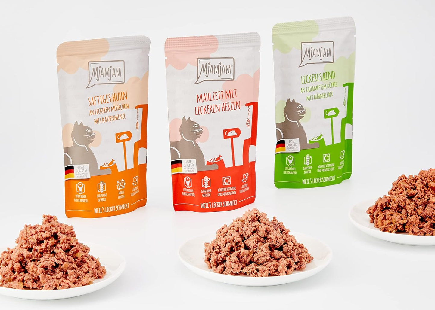 MjAMjAM - Premium Wet Cat Food - Mixed Pack I - Kyckling, nötkött, Hearts 12-pack (12 x 125 g), spannmålsfri med extra kött