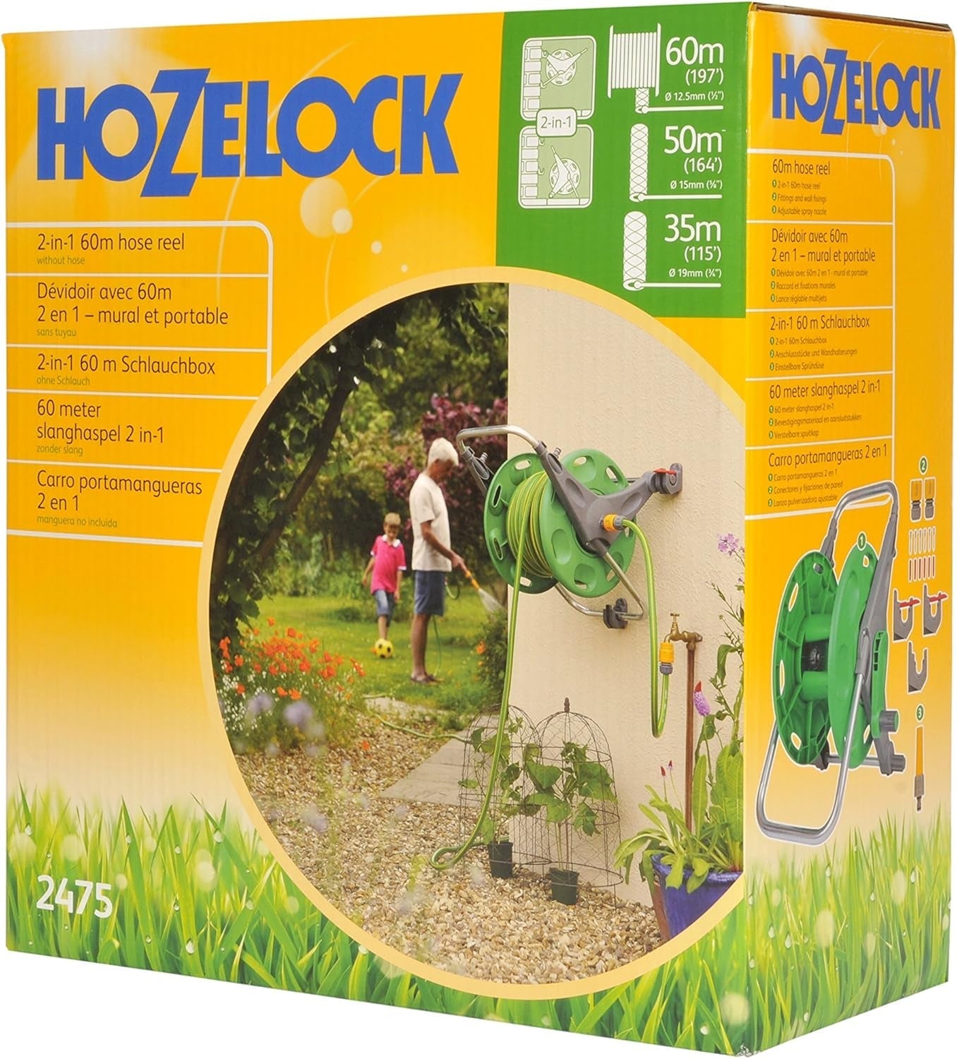 HOZELOCK - 2 i 1 slangrulle (stödlina ingår ej) 60m: Fristående eller väggmonterad, lätt att bära men robust och hållbar. Flexibel användning i trädgården [2475R0000]