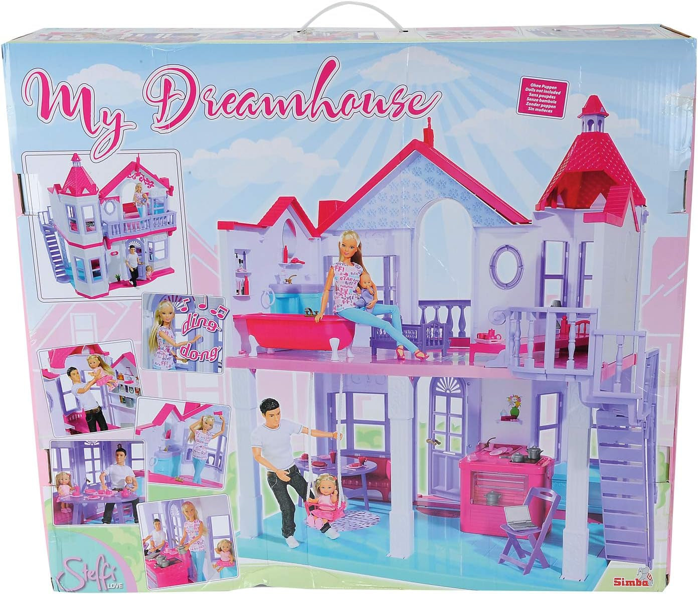 Simba 104661996 - Steffi Love Dreamhouse, stor lekstuga, 4 rum, INGEN DOCKOR, 84 cm hög, två våningar, funktionell klocka, hopfällbara dockskåp för Naty Shop