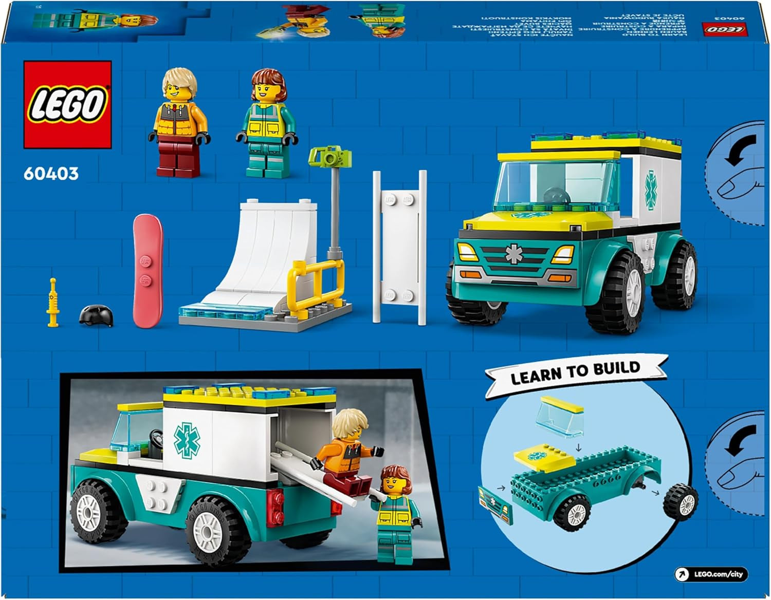 LEGO City Ambulans och Snowboardåkare, Ambulanslekset med leksaksbil och 2 minifigurer, Snowboardåkare och Paramedic Figur, fantasifull present till pojkar och flickor från 4 år 60403 Byggset Besuche den LEGO-Store