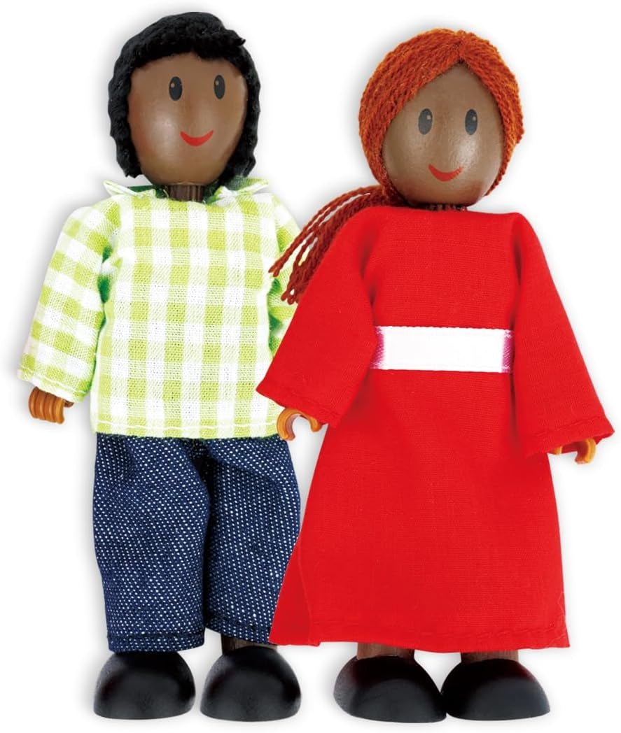 Hape Doll Family - 6 delar mörkt läder dockhustillbehör set med trä- och tygfigurer, låtsaslek, pedagogisk leksak, interaktiv inlärningsleksak för barn från 3 år och uppåt