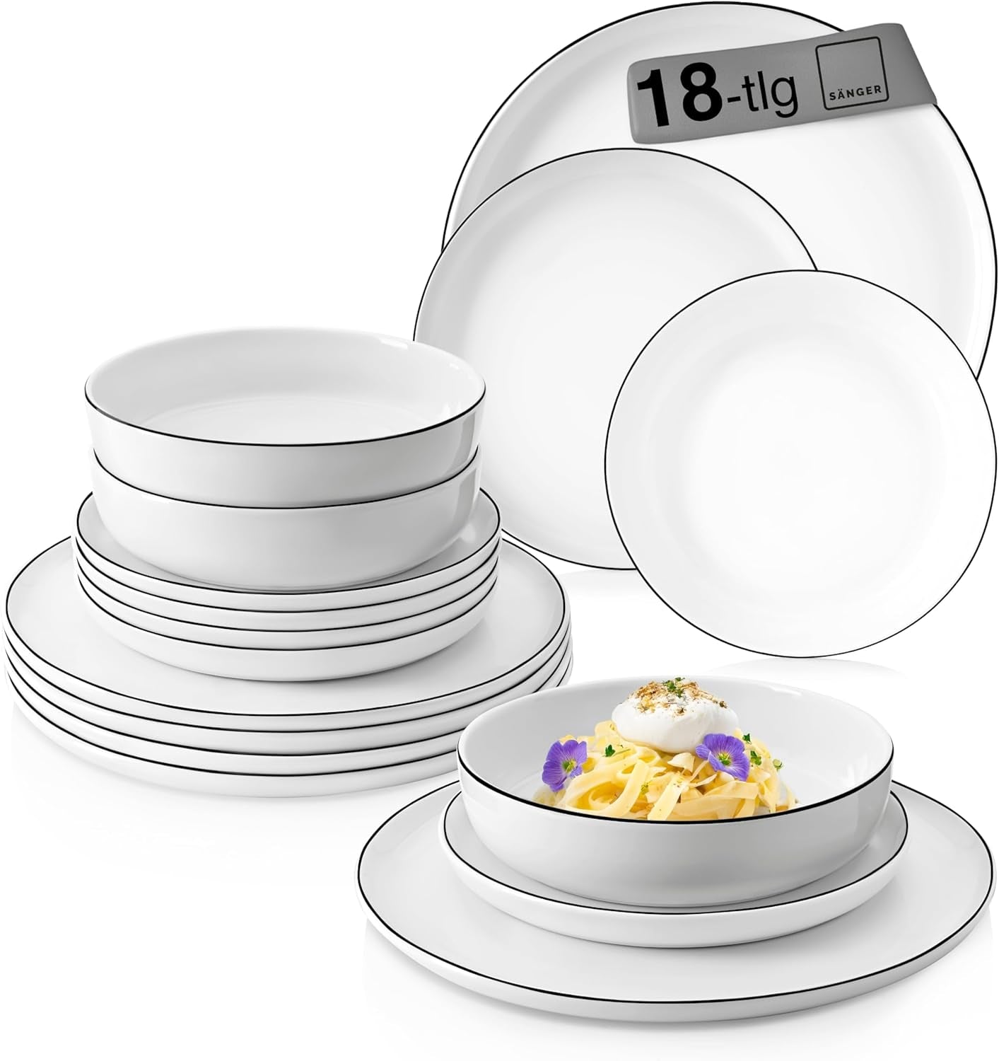 SANGER | Marlo Black and White Edge servisset, 18 delar porslinsservis set för 6, vitt med svarta accenter, mattallrikar, desserttallrikar och skålar, modern design | PREMIUM KOLLEKTIONEN