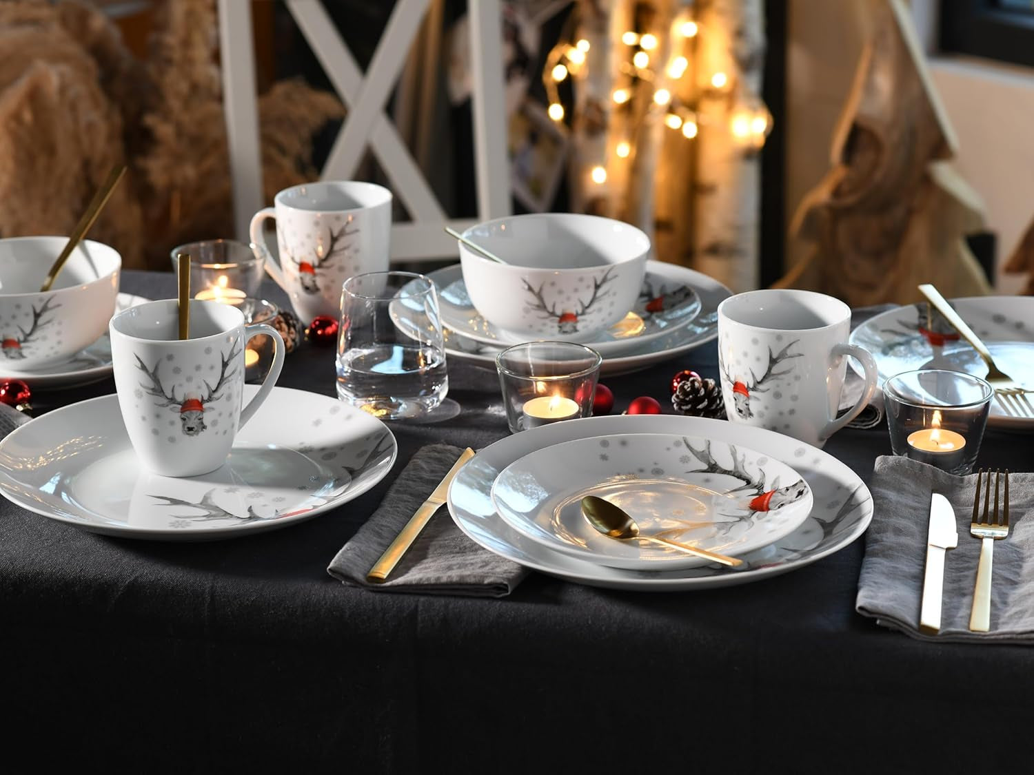 CreaTable, 21498, Luna Hirsch-serien, 18-delat servisset för 6, frukostset i porslin, diskmaskins- och mikrovågssäkert, kvalitetstillverkning