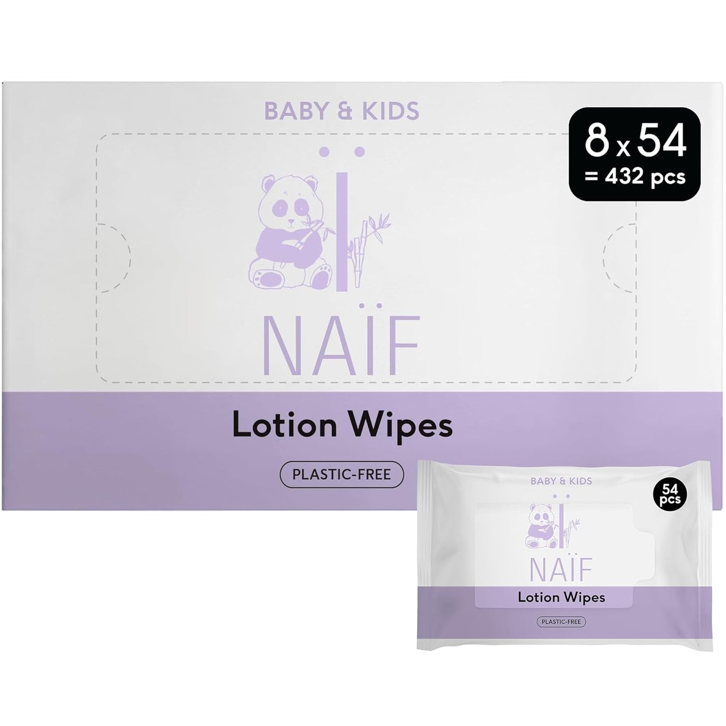 Naïf - Våtservetter med plastfri lotion - 1296 stycken (24 förpackningar med 54 våtservetter) - för spädbarn och barn - Babyrumpa, kropp och ansikte - med Aloe Vera och bambu - 0% doft och alkohol
