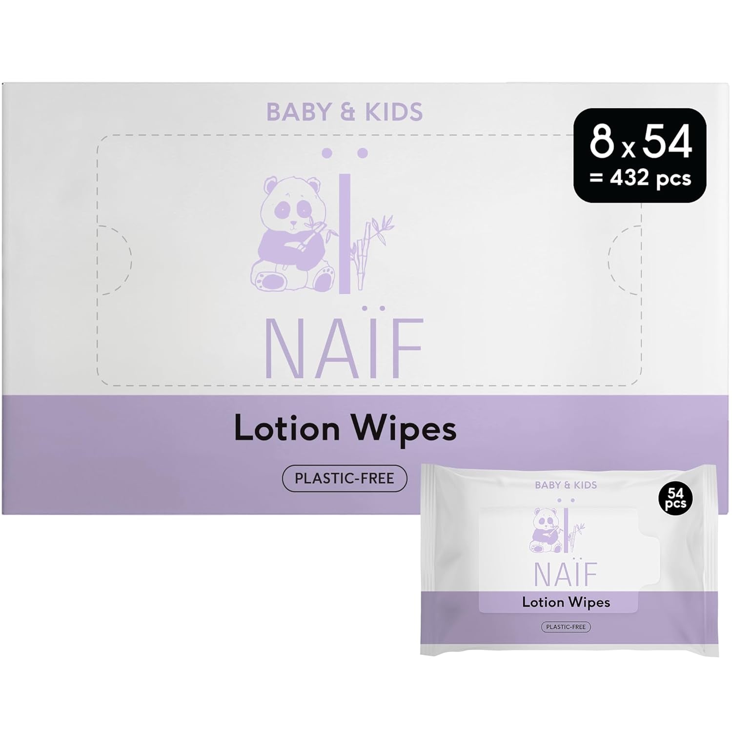 Naïf - Våtservetter med plastfri lotion - 1296 stycken (24 förpackningar med 54 våtservetter) - för spädbarn och barn - Babyrumpa, kropp och ansikte - med Aloe Vera och bambu - 0% doft och alkohol