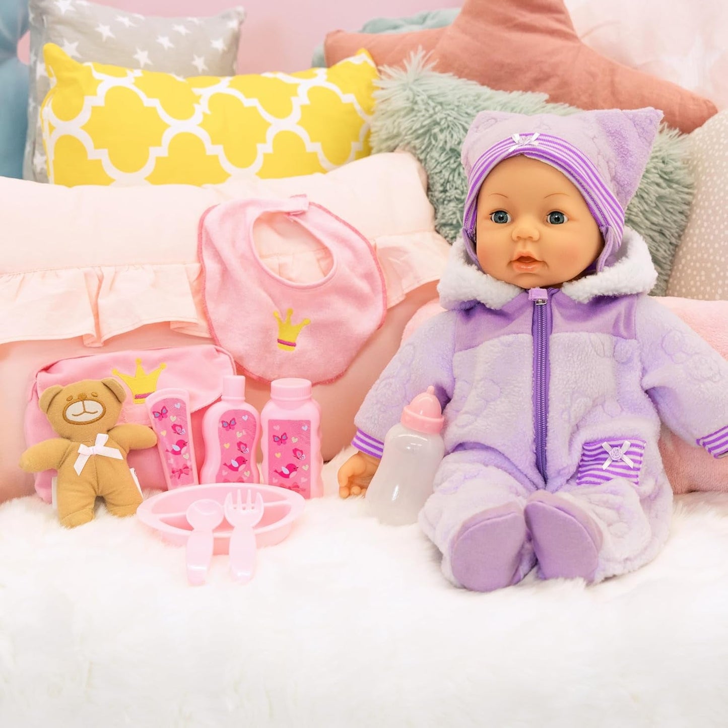 Bayer Design 94694AG 94694AA, Funktionsdocka, Piccolina Magic Eyes Interactive Doll, Moves Mun, Blinkar och stänger ögonen, Pratar, Lila, 46cm
