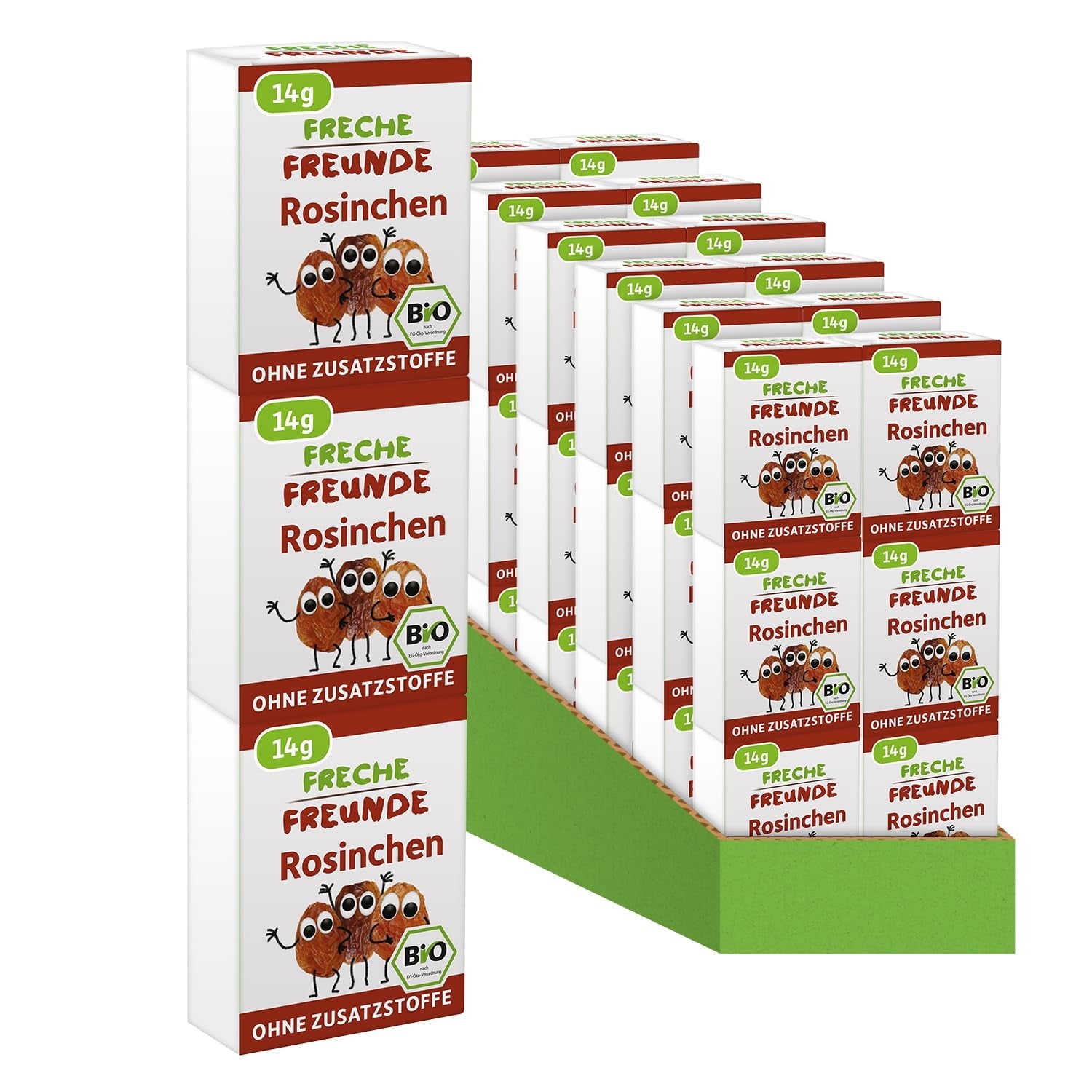 FRECHE FREUNDE Ekologiska russin, Trockenfrüchte ohne Zucker, ohne Zusatzstoffe, ungeschwefelt, i små Snackboxen, Sultaninen für Kinder, 20er Pack, 20 x (3x14g)