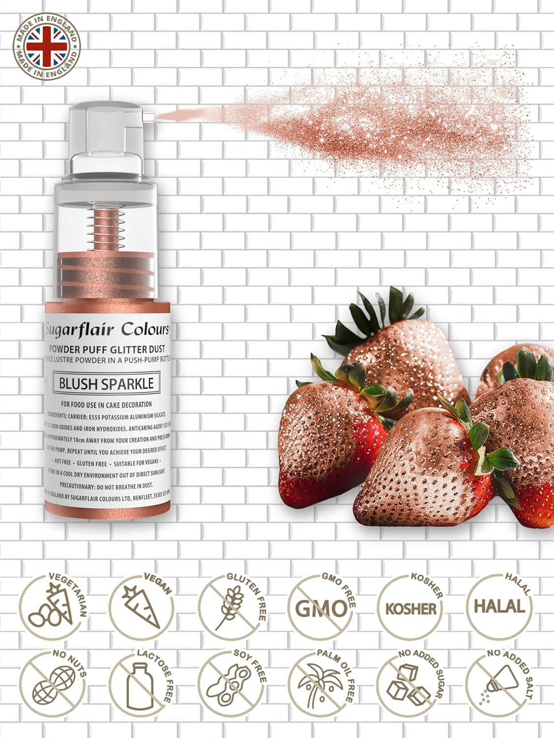 Sugarflair Pump Powder Spray, Glitter, Blush, Glitter - matfärg för tårtor, icke-aerosolspray för tårtor, muffins och mer - 10g