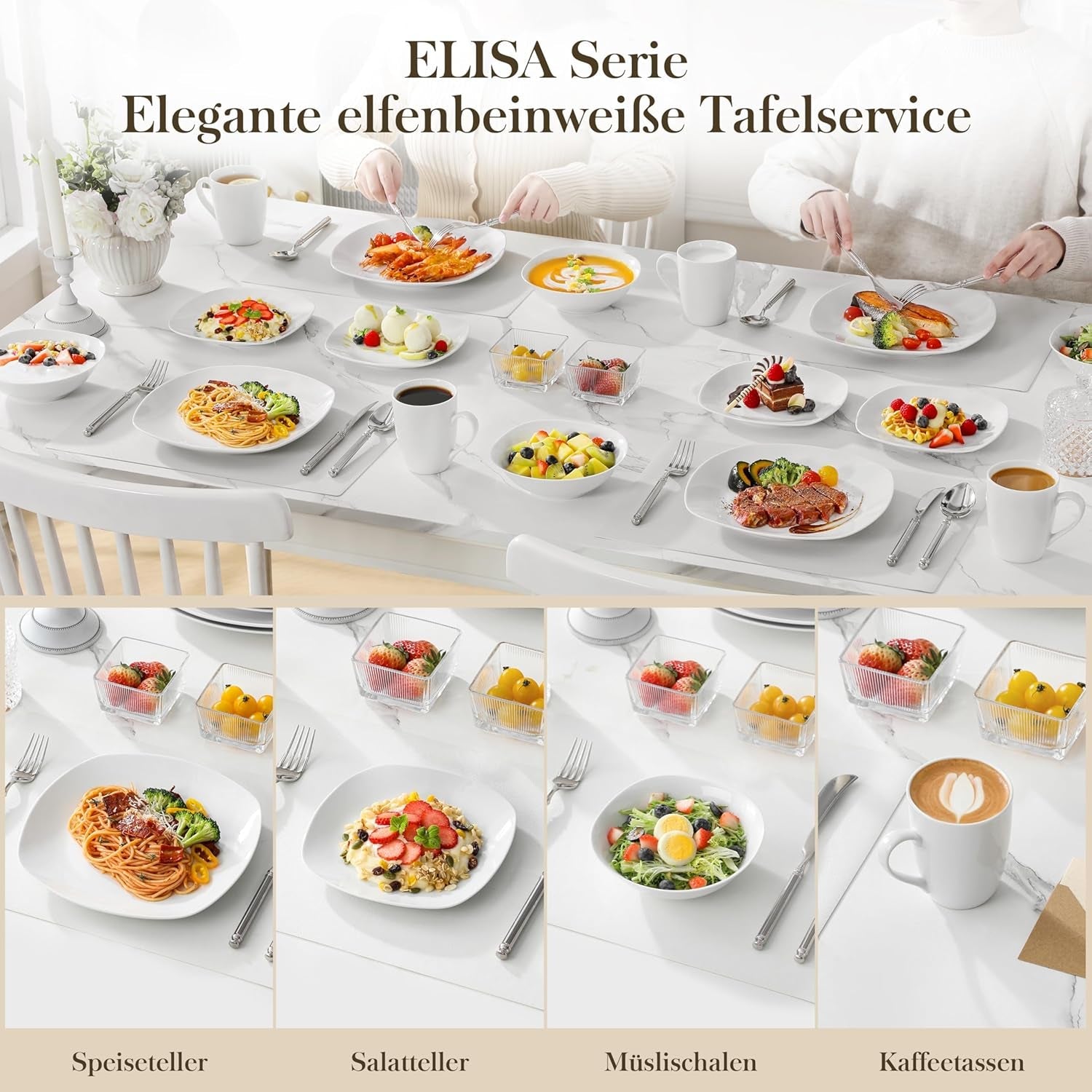 MALACASA servisset för 4, 16-delat porslinsservis, modernt servisset med 4 mattallrikar, desserttallrikar, suma tallrikar och koppar, ELISA-serien