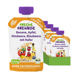 FRECHE FREUNDE Ekologisk fruktpåse Banan, äpple, hallon, blåbär med havre, fruktpuré med spannmål i en pressbar påse för bebisar från 6 månader, vegansk, 6-pack (6 x 100 g)