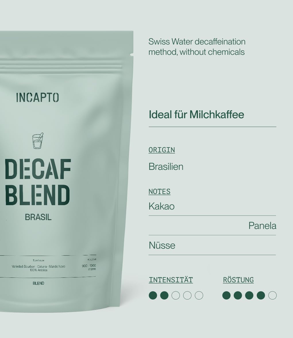 Incapto Ganze Entkofeinierte Kaffeebohnen | Ohne Chemikalien | Mischung aus 100% Arabica-Kaffee aus Brasilien | Ungemahlen Espresso Bohnen | Swiss Water Decaf Coffee, Pack 500g