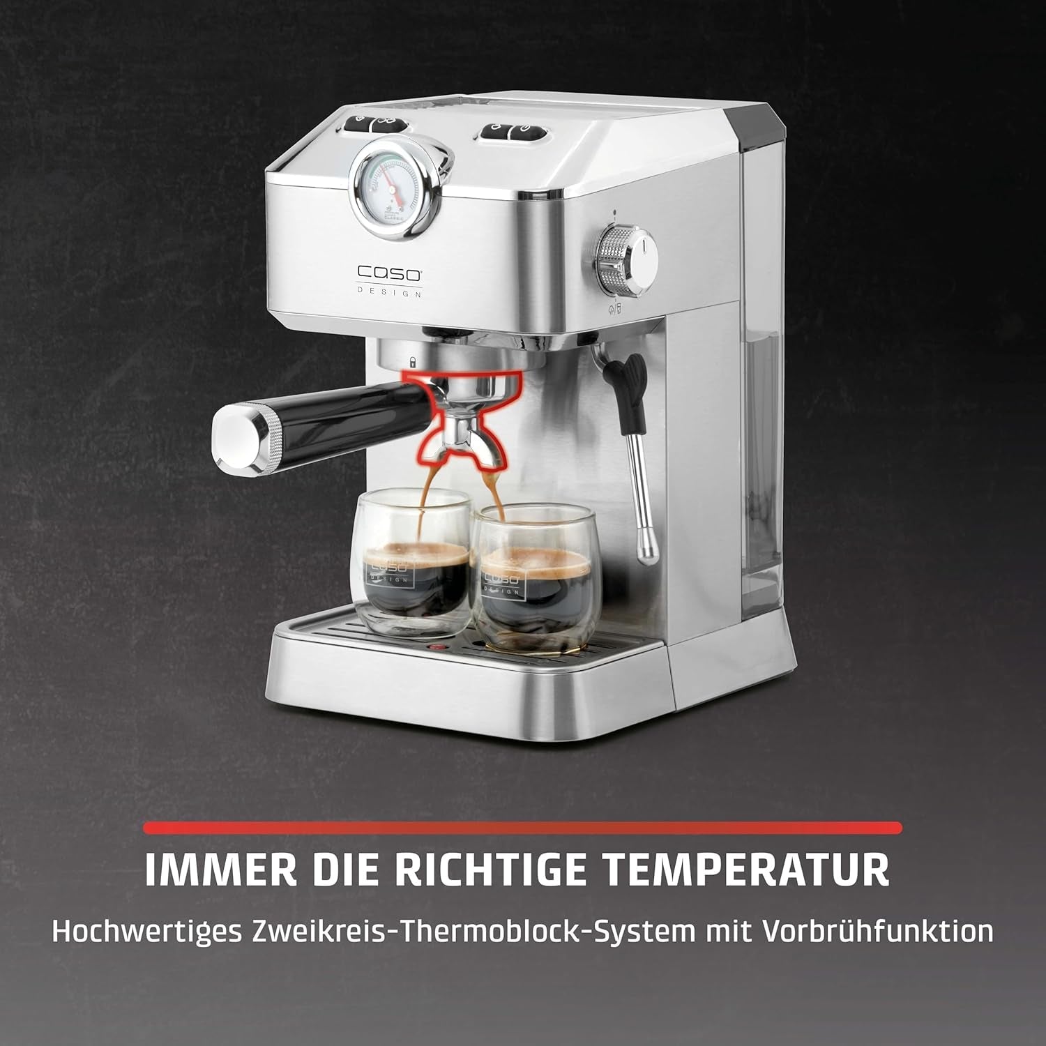 Caso Espresso Gourmet - Portafilter Espressomaskin i rostfritt stål, kraftfull 19 bars Ulka-pump, med mjölkskummare, för malet kaffe eller ESE-kaffekapslar, för 2 koppar, med koppvärmare