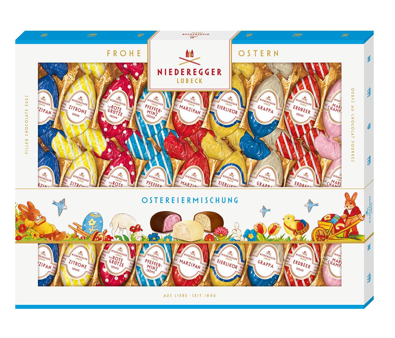 Niederegger | Påskäggsblandning | 1 x 337g | Påskägg med olika marsipan- och pralinfyllningar | Täckt med mörk, mjölk och vit choklad | påskgåva