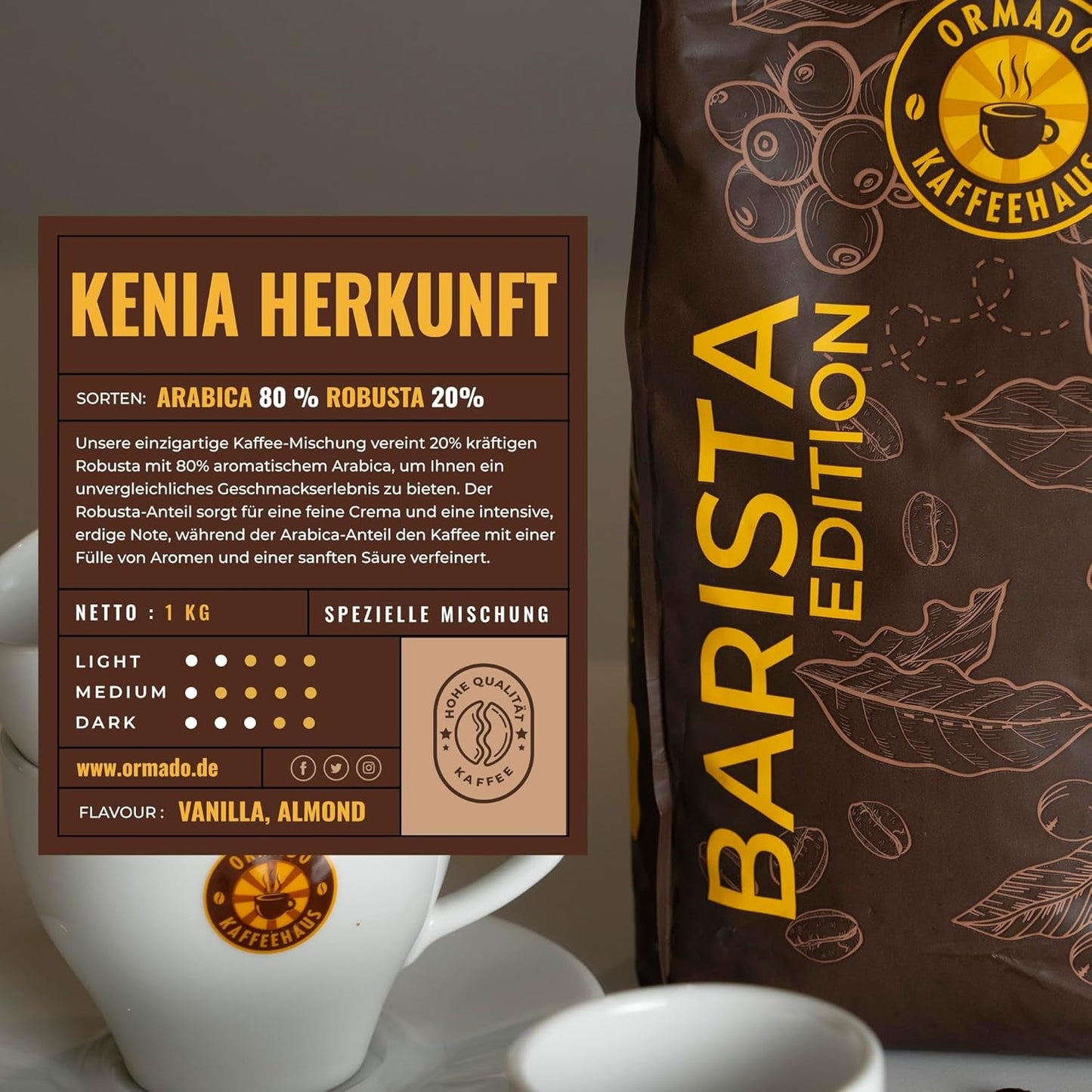 Ormado Coffee House, kaffekapslar, patenterade Kenya-kaffebönor - Arabica och Robusta-blandning, hela kaffebönor för helautomatiska kaffemaskiner, rostade bönor, helkaffe 1 kg, helautomatisk