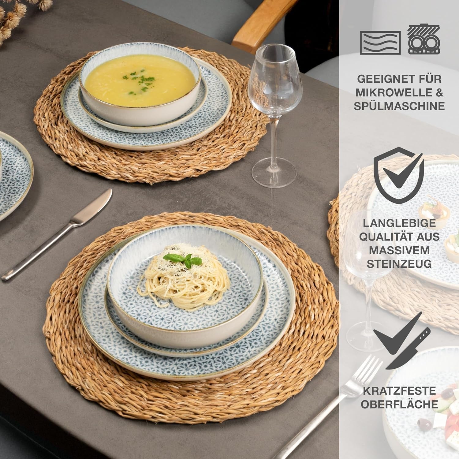 Moritz & Moritz ALHAMBRA servisset för 6, 18 delar, högkvalitativt porslin - modernt blått servis - lättskött set med 6 mattallrikar, 6 desserttallrikar och 6 skålar