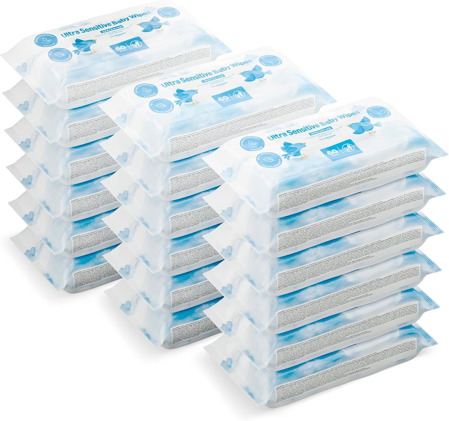 Amazon Ultra Sensitive Baby Wipes, 1080 Wipes, Oparfymerade, 18 paket med 60 Wipes (tidigare Amazon Brand, identisk produkt)