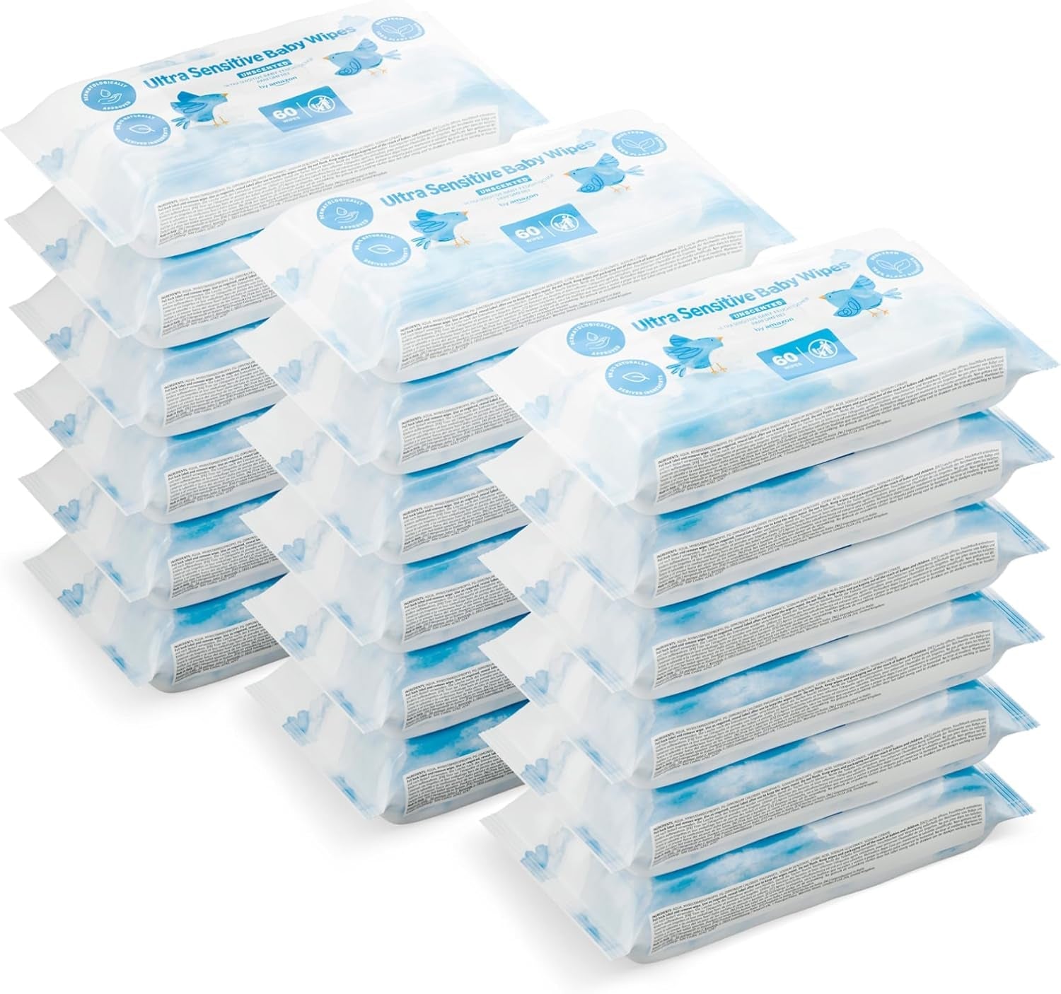 Amazon Ultra Sensitive Baby Wipes, 1080 Wipes, Oparfymerade, 18 paket med 60 Wipes (tidigare Amazon Brand, identisk produkt)
