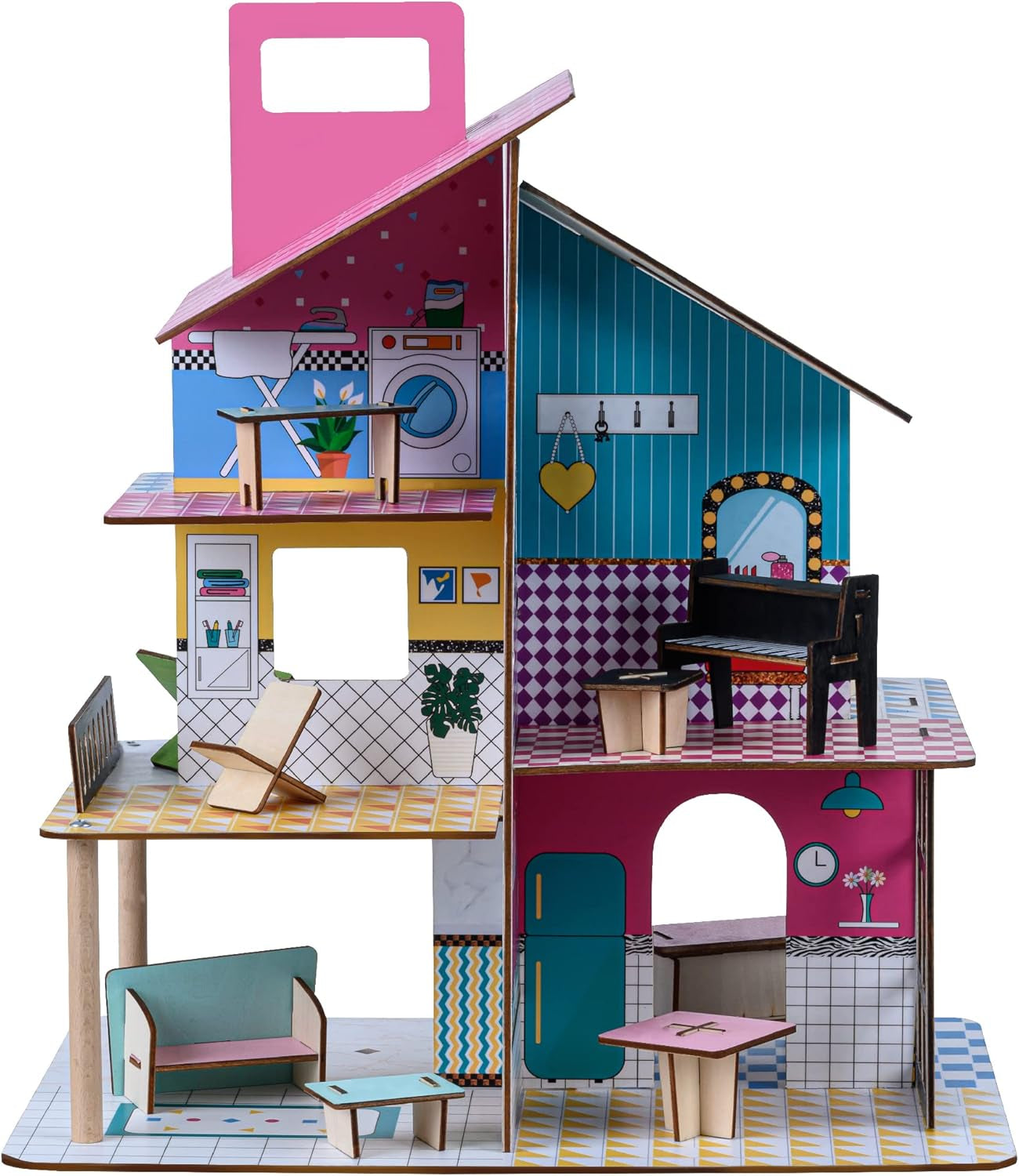 Olivia'S Little World 360 dockhus i trä för barn 3,5" dockor och 12 tillbehör Flerfärgad TD-13260C dockskåp Naty Shop