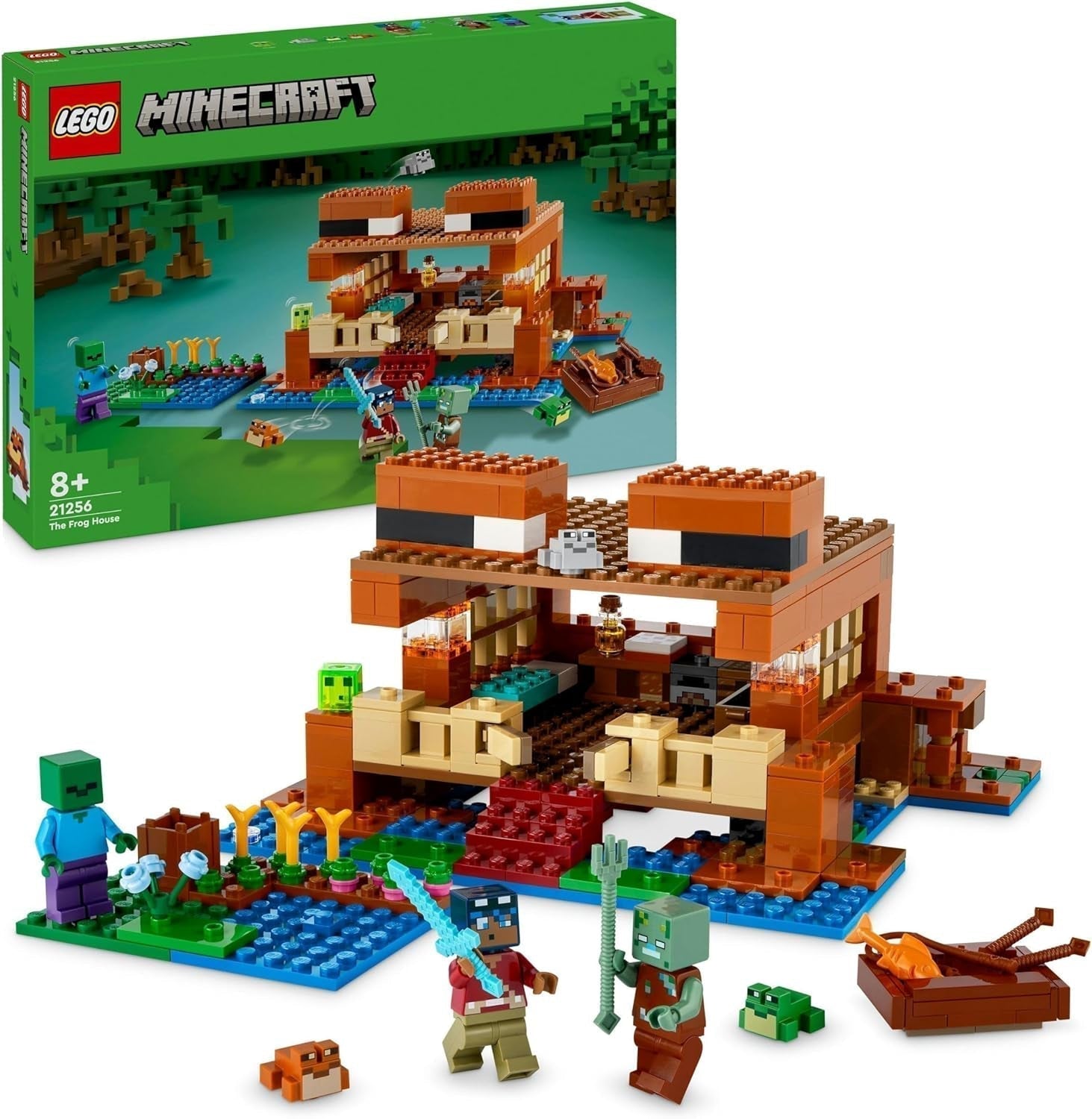 LEGO Minecraft The Frog House, leksakshus med figurer inklusive zombie, slime och drunknande man, plus tillbehör som leksaksbåt och arbetsbänk, present till pojkar och flickor från 8 år 21256 Byggset Besuche den LEGO-Store Single