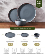 Mercury servisset, 12-delat servisset, 4-personers servisset i stengods med mattallrikar, desserttallrikar, flingskålar, tål mikrovågsugn och diskmaskin, kolgrå