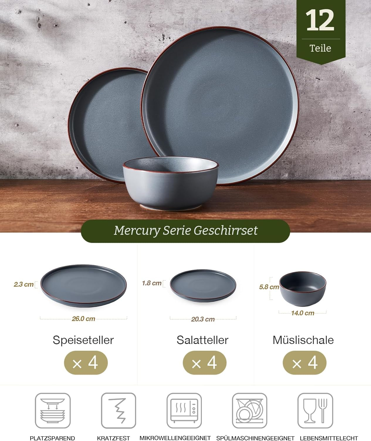 Mercury servisset, 12-delat servisset, 4-personers servisset i stengods med mattallrikar, desserttallrikar, flingskålar, tål mikrovågsugn och diskmaskin, kolgrå