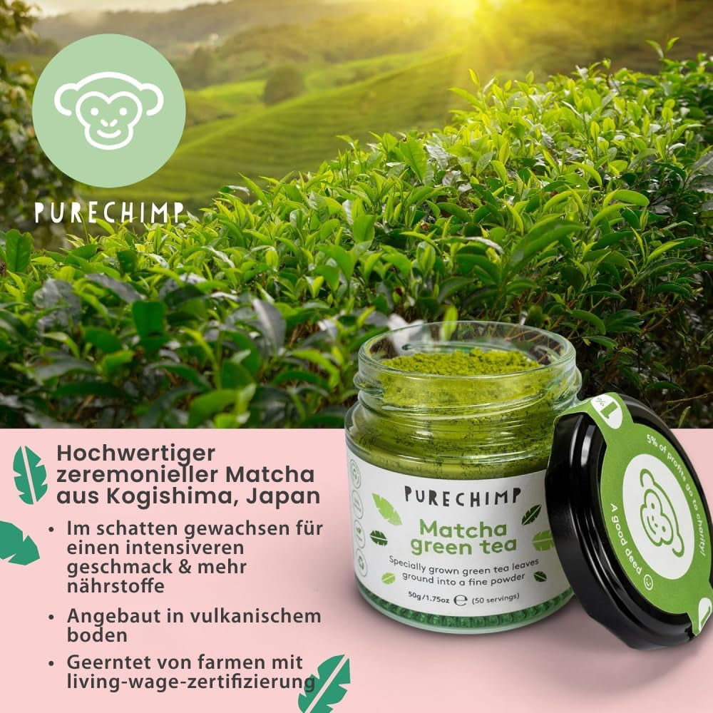 Purechimp Matcha-pulver av ceremoniell kvalitet 50 g. 100 % ren nyansodlat tepulver för lattes, infusioner och recept. Återvinningsbar burk. Rik på antioxidanter.