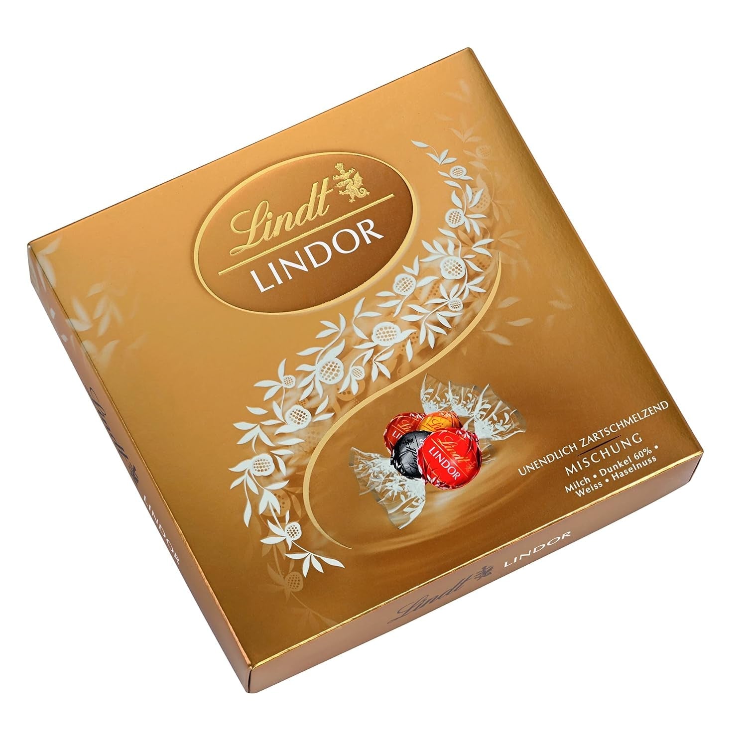 Lindt LINDOR presentask med diverse choklad, ca. 15 LINDOR tryffel, 4 varianter (mjölkchoklad, vit choklad, mörk choklad 60% och hasselnöt), 187 g