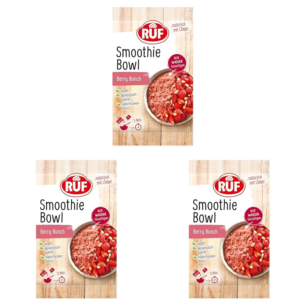 RUF Smoothie Bowl Bärbunt Havre Frukostmellanmål med bär och chiafrön, snabbt och enkelt att tillaga, veganskt, 1 påse x 50 g (förpackning med 3)