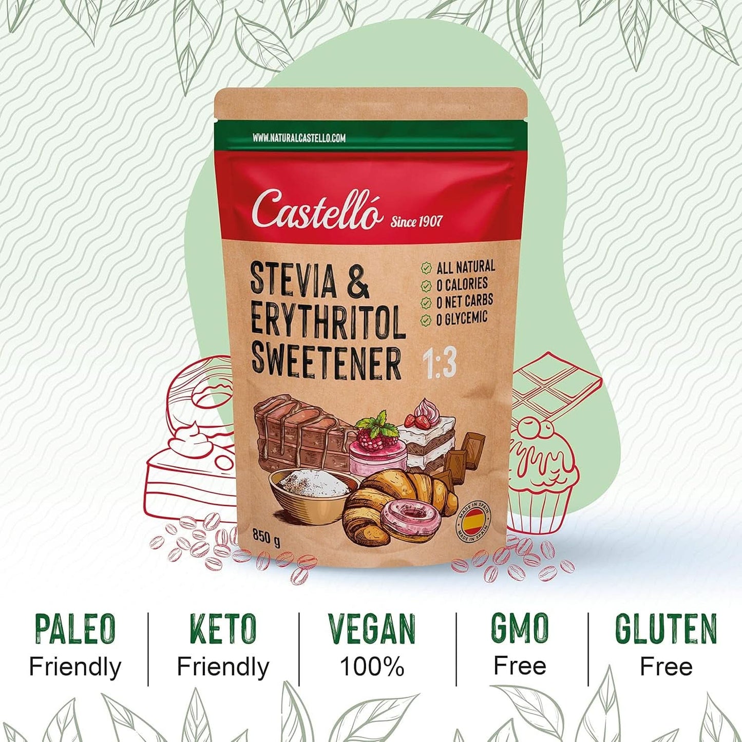 Stevia + Erythritol 1:3 Sötningsmedel, 1G = 3G Socker, 850 gram Sötningsmedel Naty Shop