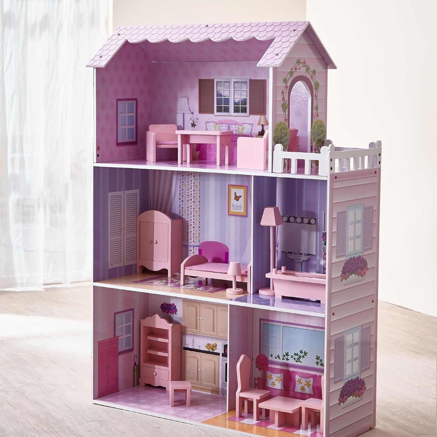Olivia's Small World Giant Dollhouse, Stort trädockhus med möbler och tillbehör, 3-vånings dockhus för barn, dockhus för 12" dockor, 3 år + Naty Shop Dollhouses