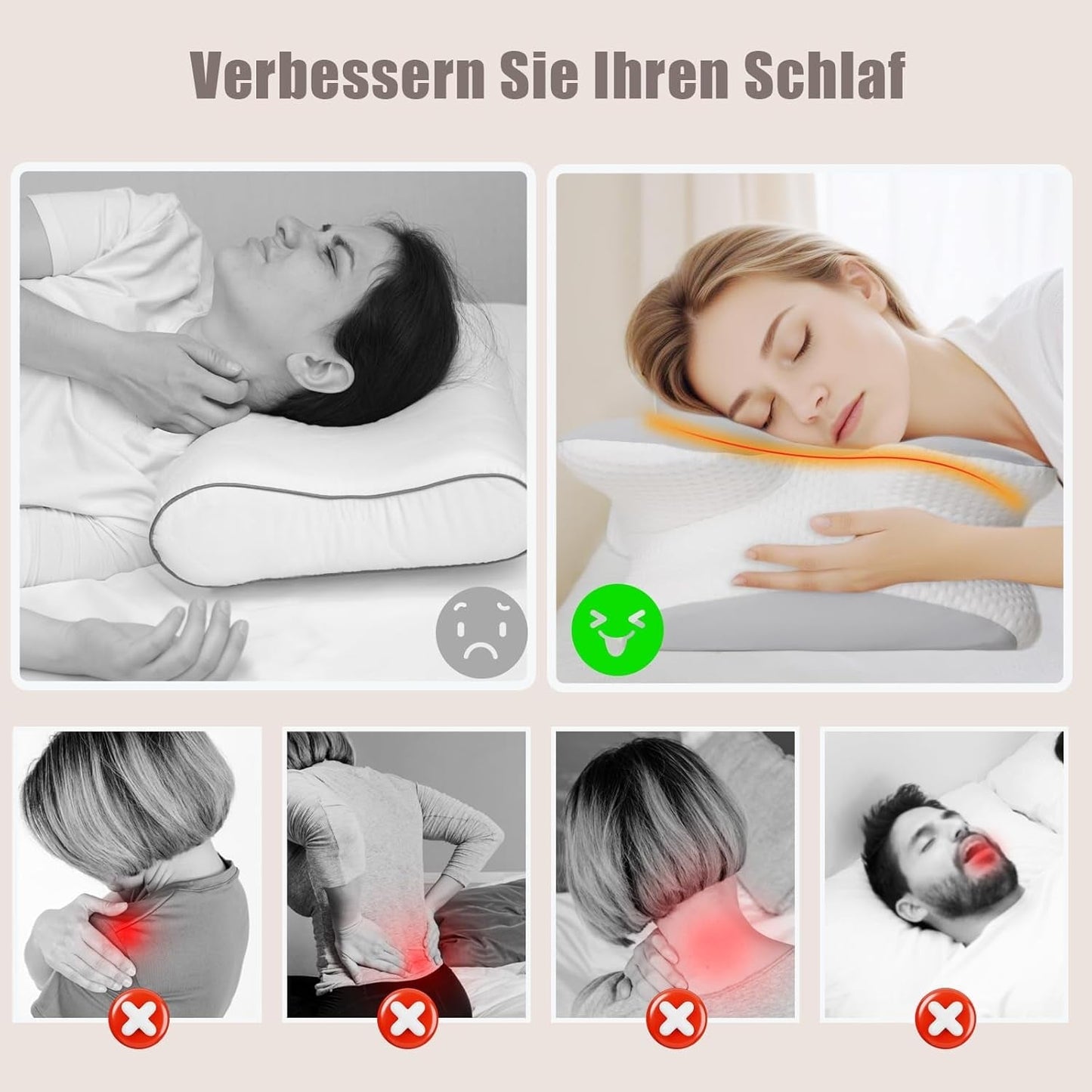 Nackkudde Ortopedisk Huvudkudde Memory Foam Kudde Side Impact Kudde - Ergonomisk design Ihålig form för sido-, rygg- och bukslag Ljusgrå cervikala ortopediska kuddar Naty Shop