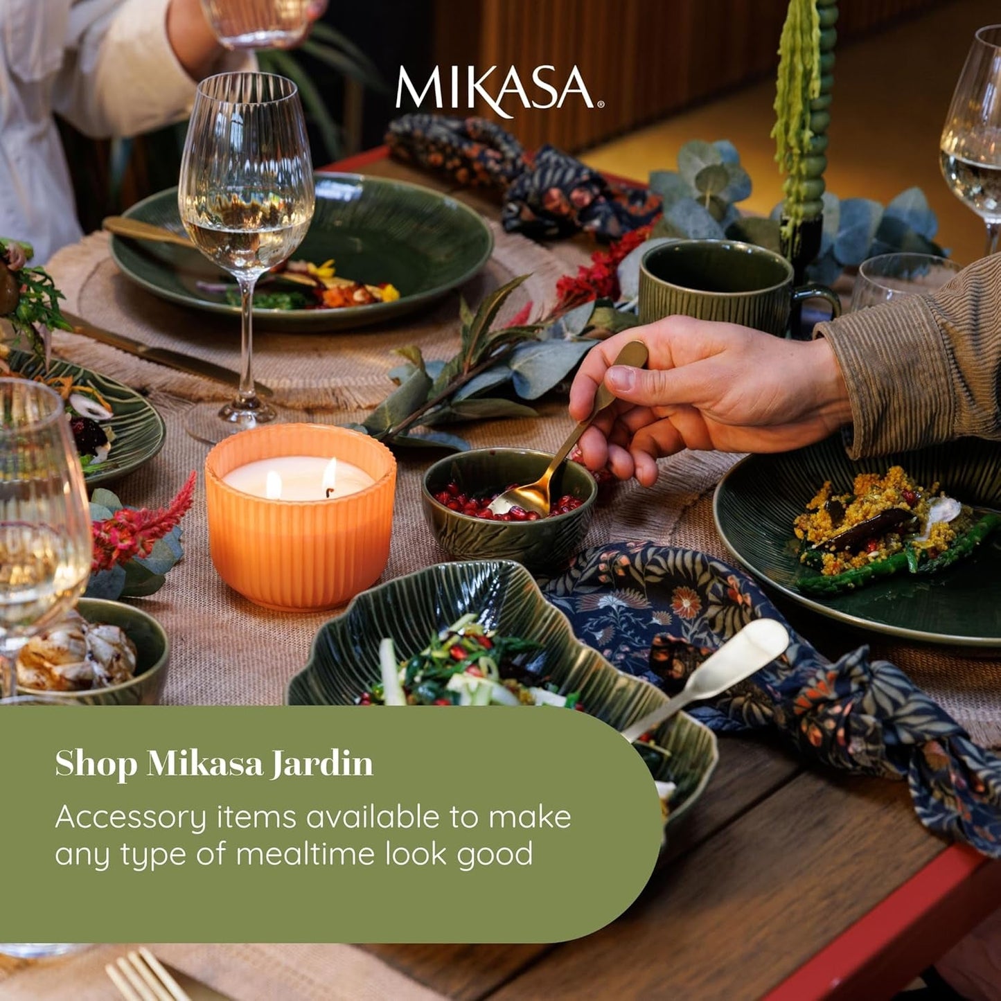 Mikasa Jardin 12-delat servisset, 4-personers servisset i stengods med tallrikar, sidotallrikar och skålar, grönt - presentförpackning och diskmaskinssäker