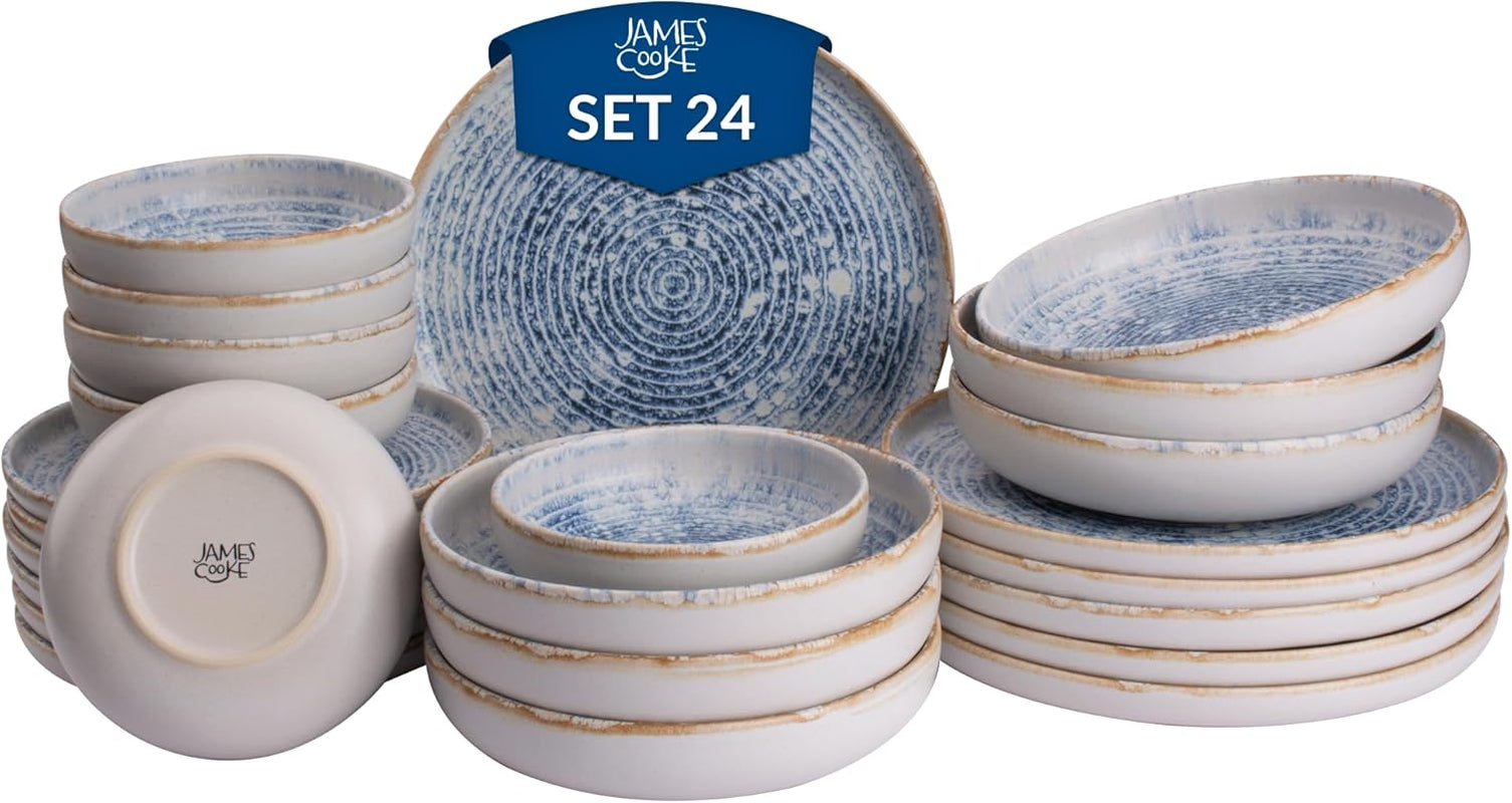 Azure Vintage Stoneware servisset för 6 - 24 delar - vita och blå ränder, präglad yta - Diskmaskin, ugn och mikrovågssäker