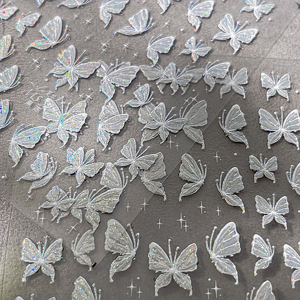 Aurora Muschel Schmetterling Nagelsticker Weiß Schmetterlinge Nageldekal Gelee Relief Butterfly Nagelaufkleber Y2K Butterflies Nagel Sticker Nägel Nageldesign Nagel Zubehör Nail Art Stickers Nailart