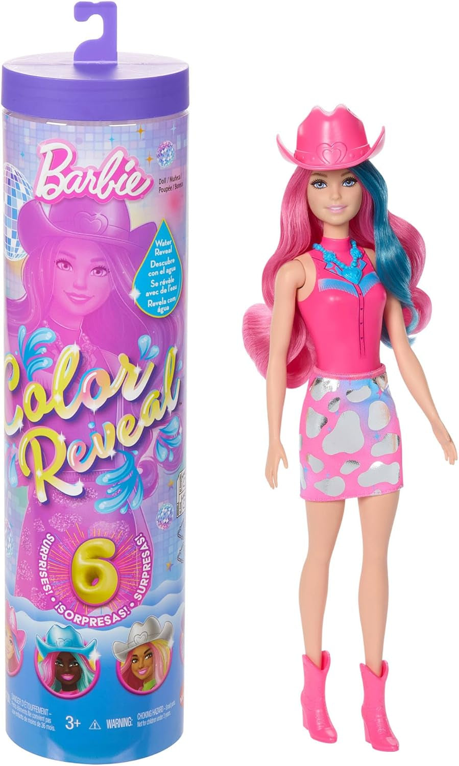 Barbie Color Reveal Doll och tillbehör med 6 överraskningar, Disco Star Series med metalliskt glitter och färgskiftande topp (stilar kan variera), JCP01, 32 cm