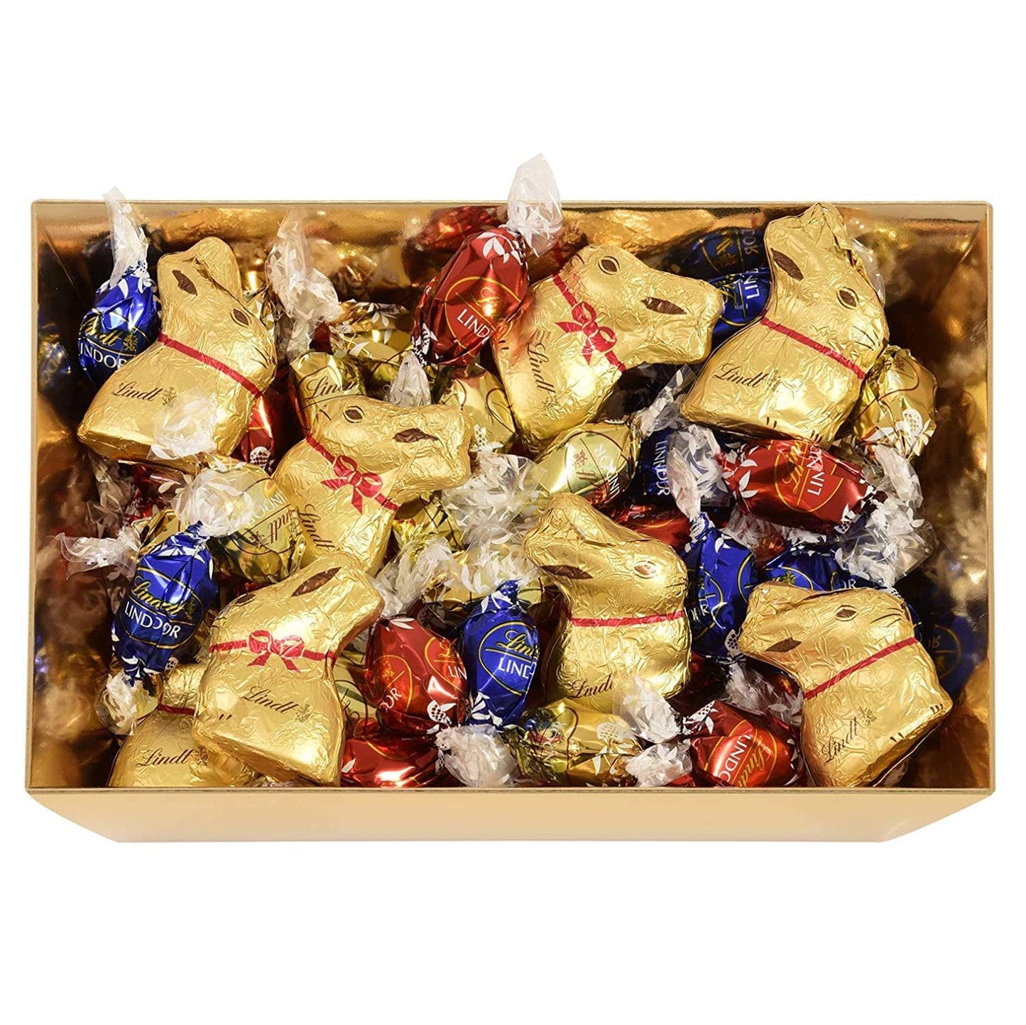Färgglada Lindt Chocolate Easter Nest | 310 g | 8 x Mini Golden Bunnies, 26 x Lindor Mjölkchokladägg, 15 x Lindor Vita Chokladägg, 10 x Lindor Mörk Chokladägg | Påskchoklad | Gåva av choklad