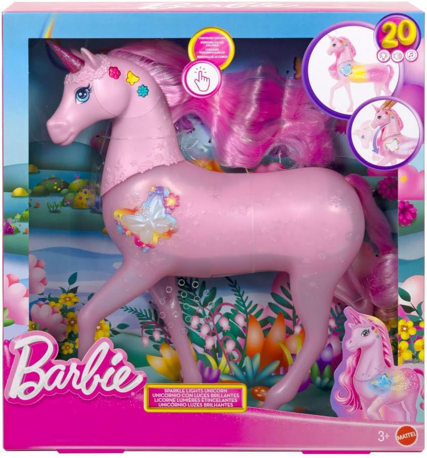 Barbie glöd-i-mörkret enhörning med 20 interaktiva kombinationer av ljus-, ljud- och musikeffekter för tryckknapps- och huvudstrykning, JCP78