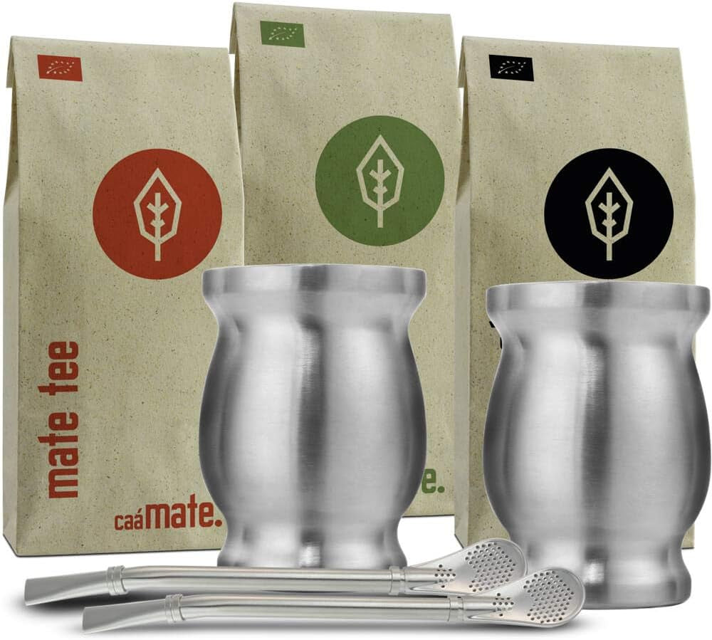 Mate Bio Tea Set ● 3 olika Mate + 2 dubbelväggiga Mate-koppar i rostfritt stål + 2 bombillor + förberedningsinstruktioner (svarta)