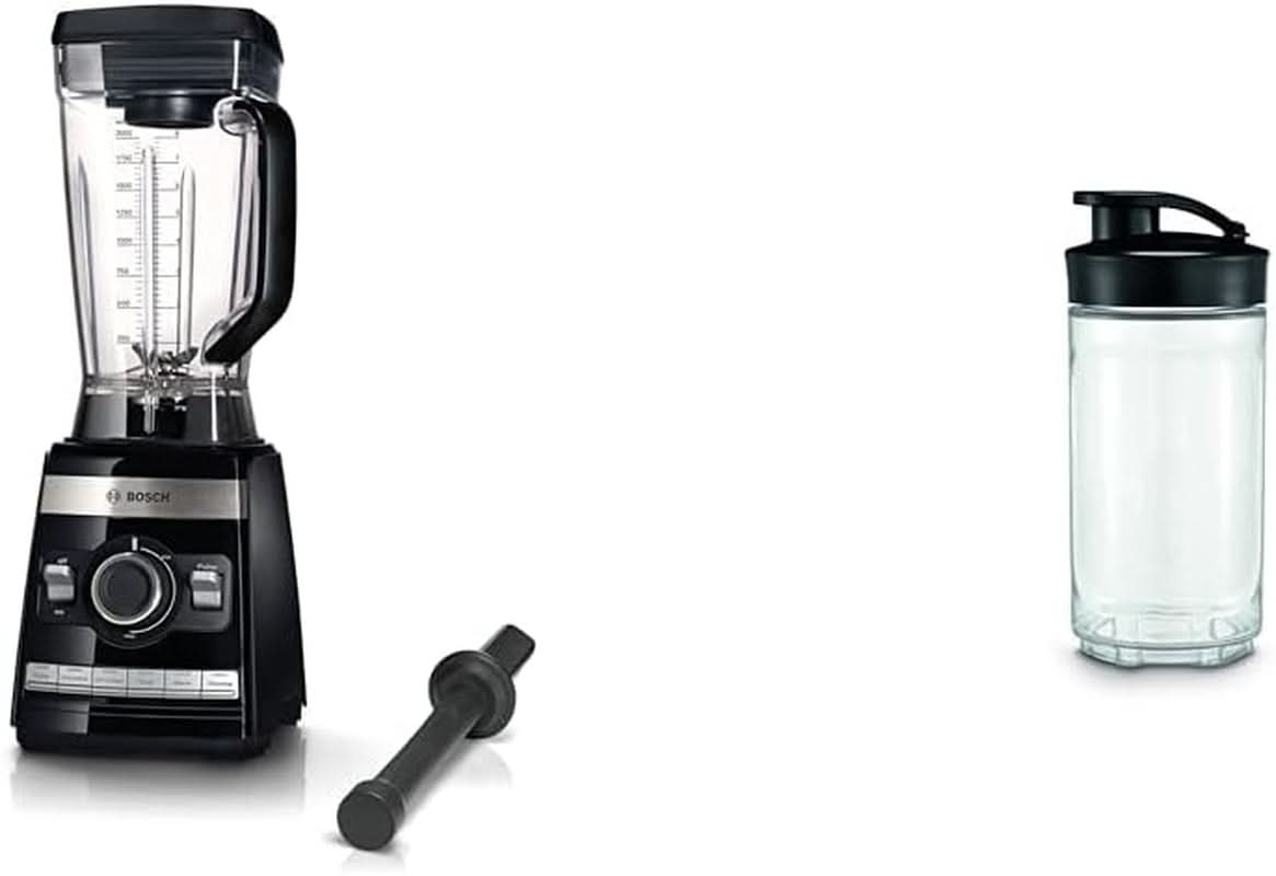 Bosch Standmixer Vitaboost MMBH6P6BDE, 6-Klingen-Edelstahlmesser, 2,5L Tritan-Mixbehälter, Stopfer, 6 Automatikprogram, Rezeptbuch, Bpa-Frei, Einfache Reinigung, 45 000 U/Min, 1600 W, Schwarz Bucatarie Mit Becher Bundle 30 Rezeptbuch