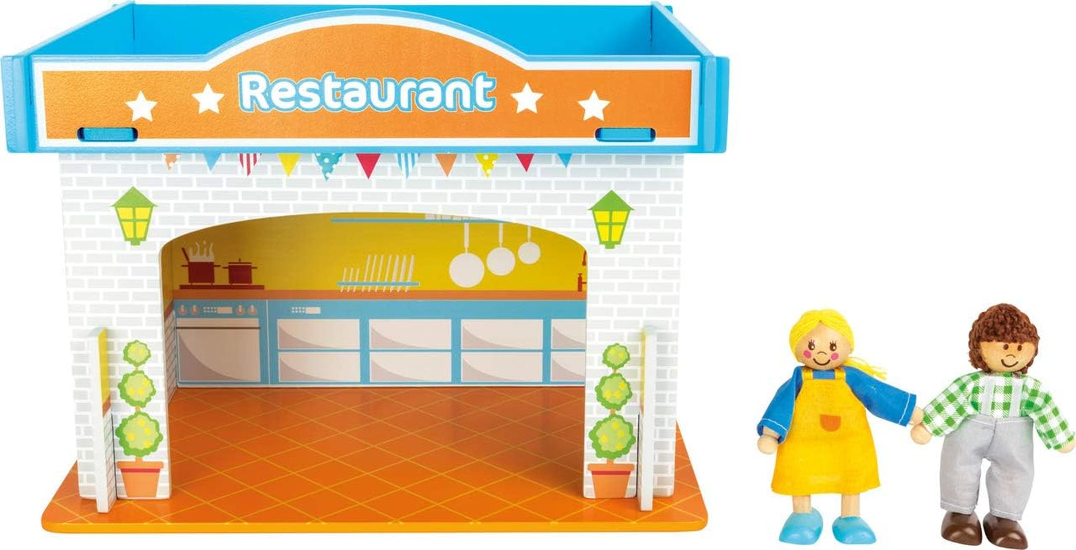 Small Foot 10852 Playhouse Restaurant Tillverkad av trä, Med 2 dockfigurer, tillbehör och avtagbart tak, Från 3 år Naty Shop Dollhouses