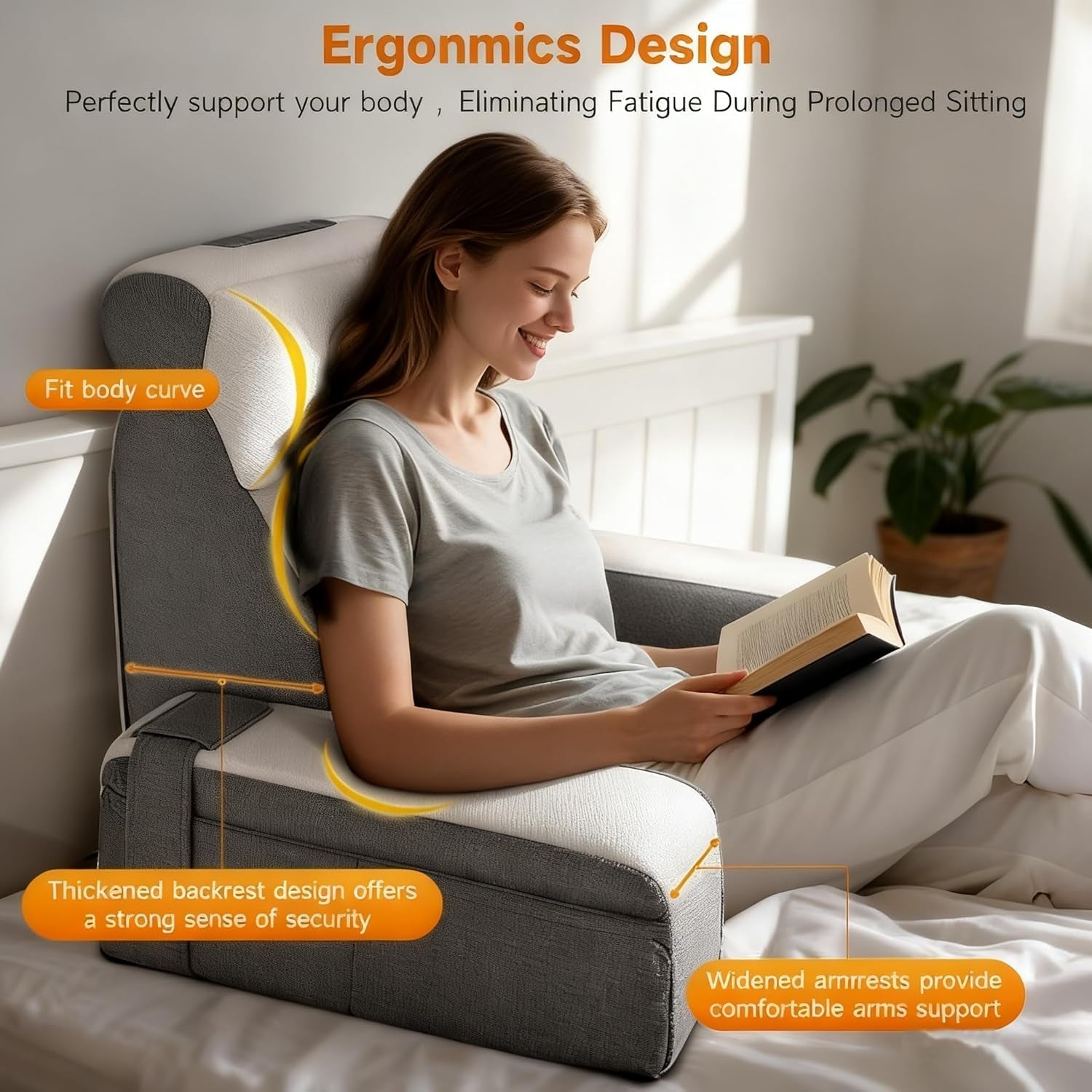 Stor läskudde med avtagbart nackstöd och armstöd, ryggkudde till sängen, ergonomisk ryggkudde med arm, ficka och tvättbart överdrag för läsning och tv-tittande.