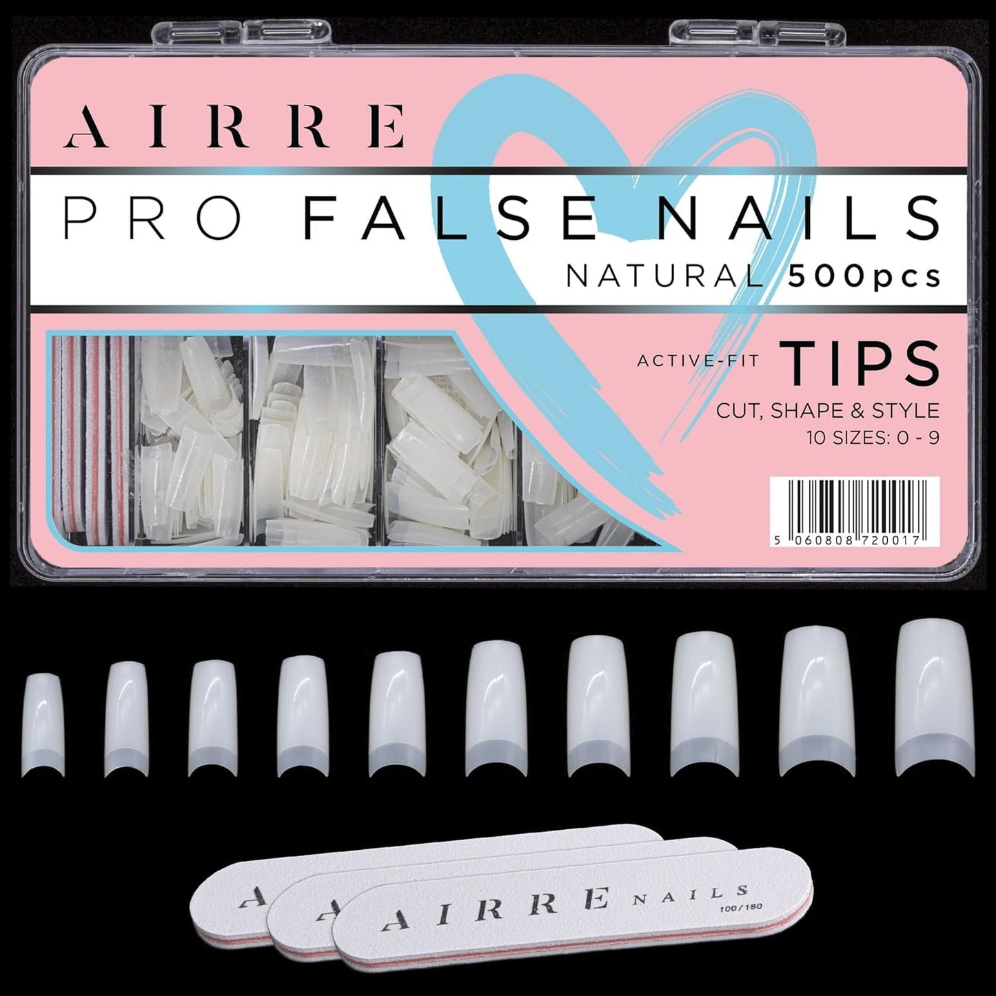 AIRRE 500 Professional Gel Nails & 3 Filer per Box - (10 storlekar) Franska Half Moon False Nails, Salong & Hembruk, Klippning, Filning & Formning, UV/LED Gel, Nagellack & Nail Art (Natural)