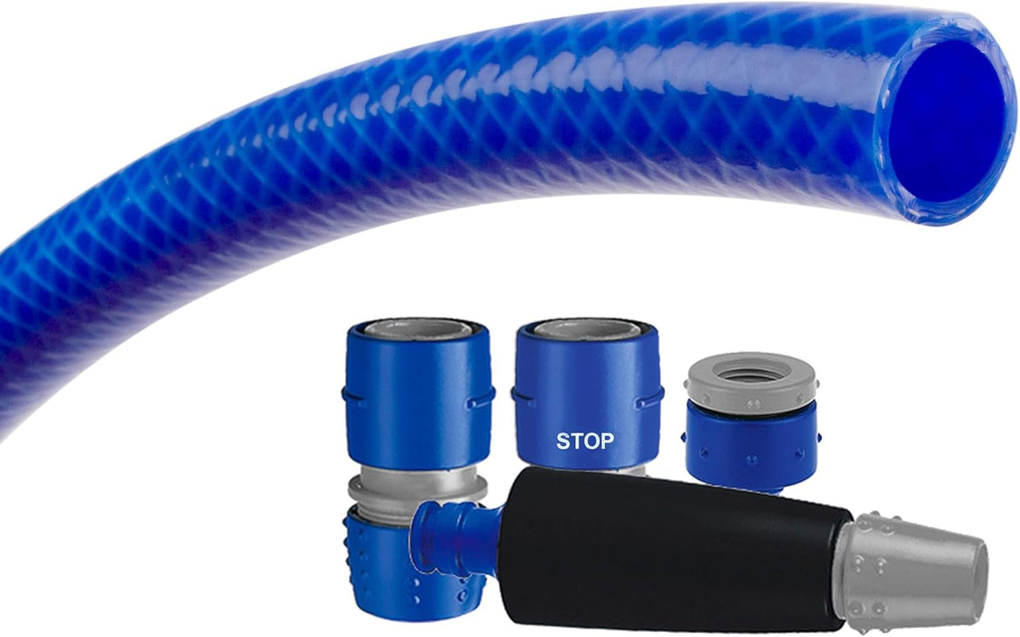 TATAY Blue Line trädgårdsslangset 10 meter Ø5/8" 15mm, 3 lager, tillverkat i Spanien, motstånd 28 bar och +60°/-20°, flätat, kadmium- och blyfritt, BPA-fritt, anti-UV. Blå färg.