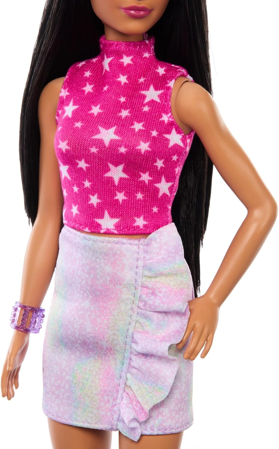 Barbie Fashionistas docka nr. 215 med rakt svart hår, blus med rosa stjärntryck och skimrande kjol, 65-årsjubileumsmodedocka, HRH13