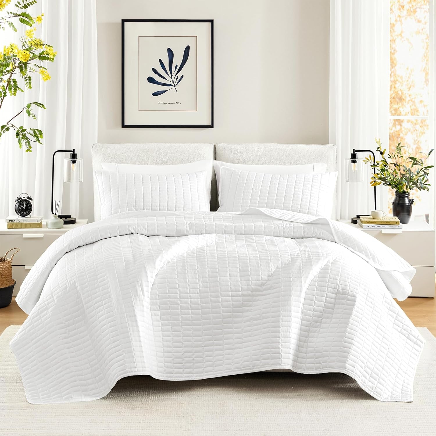 Comfort Spaces Kienna Quilt Set, Lyxiga dubbla sömmar, Sommarfilt, Lätt, Mjuk, Helårssängkläder, Matchande Örngott, Vit, Filt för King Size-sängar (264,2 X 228,6 Cm), Naty Shop Täcken & täcken Trädgård Vit/Ödrig Quilt King/Cal King(104"X")