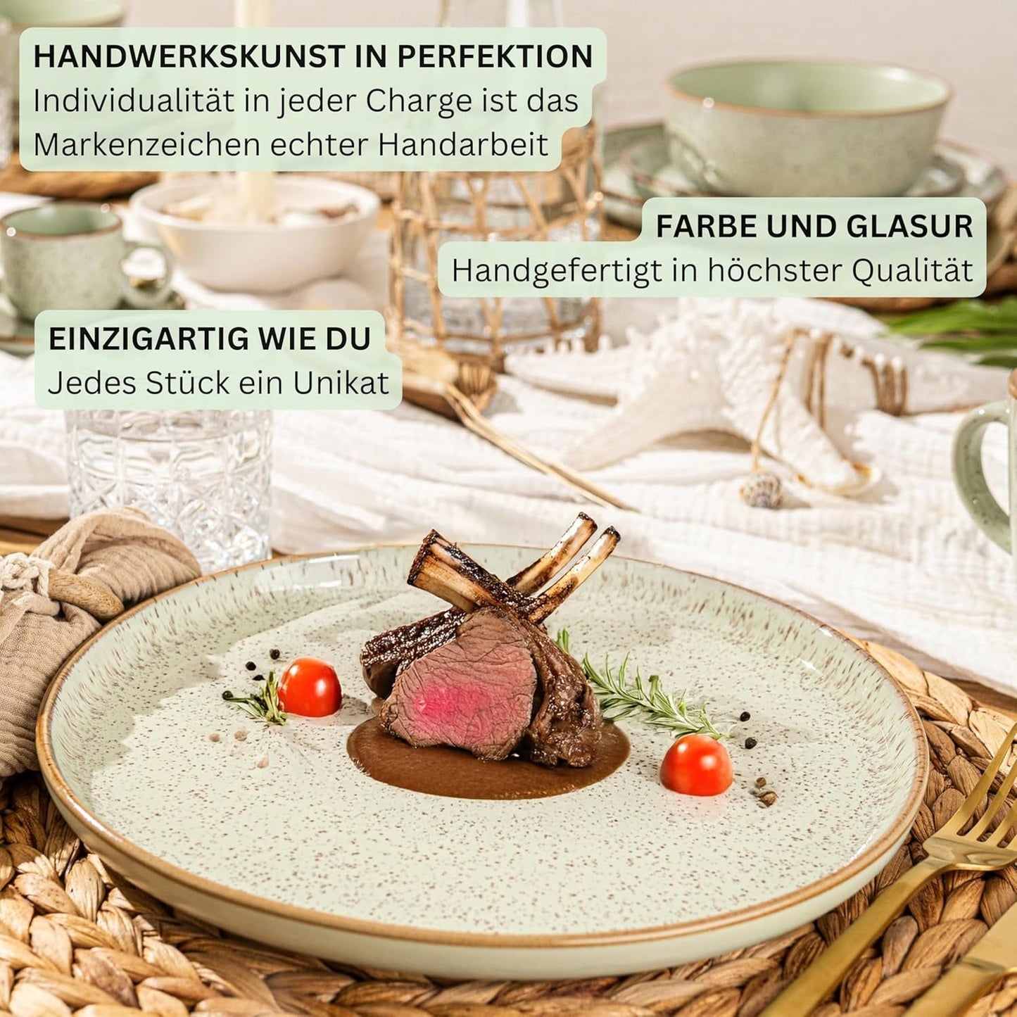 SÄNGER Rio Mint | Stengodsservis för 6, 6 tallrikar, 6 desserttallrikar, 6 skålar, mintgrön | VÄRDESAMLING