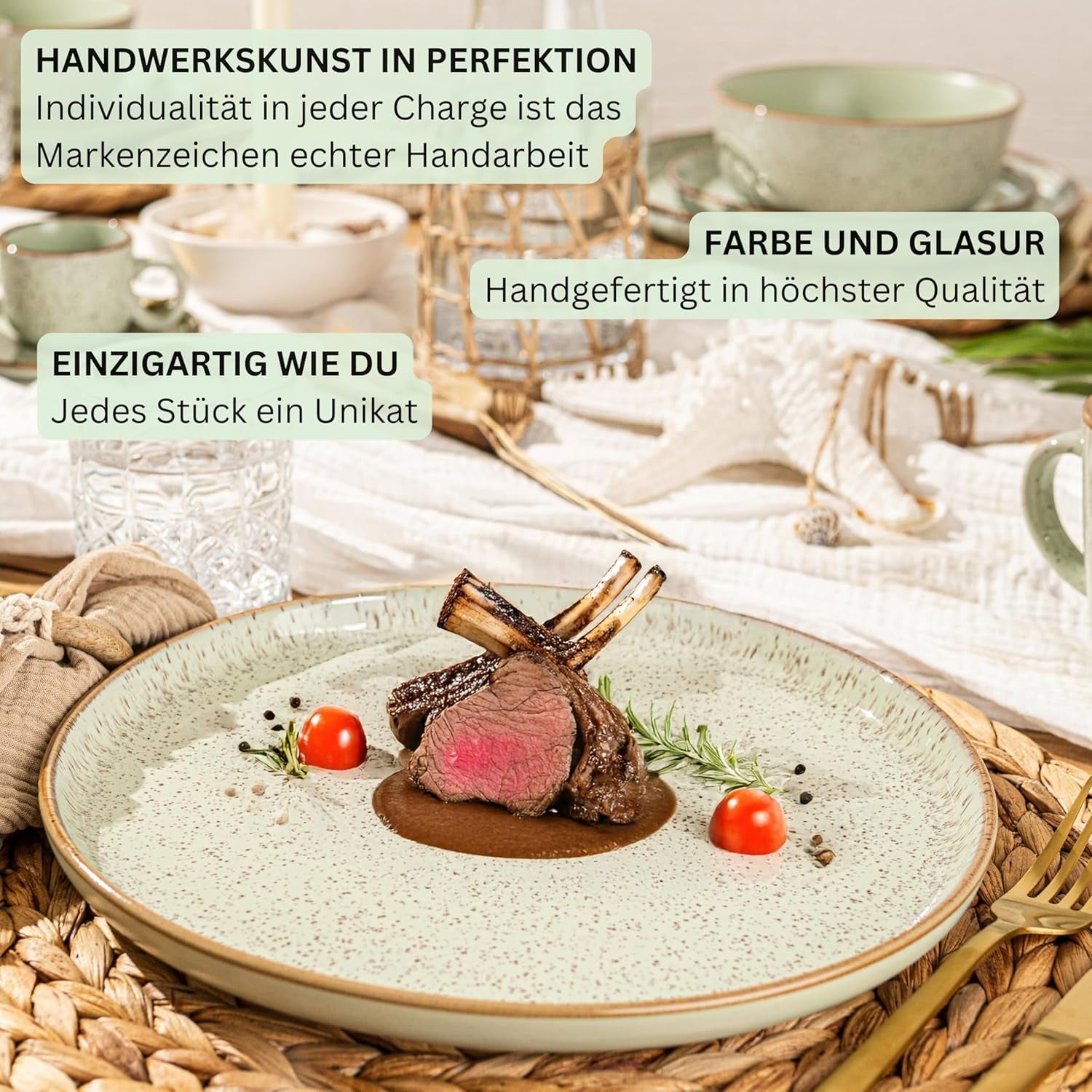 SÄNGER Rio Mint | Stengodsservis för 6, 6 tallrikar, 6 desserttallrikar, 6 skålar, mintgrön | VÄRDESAMLING