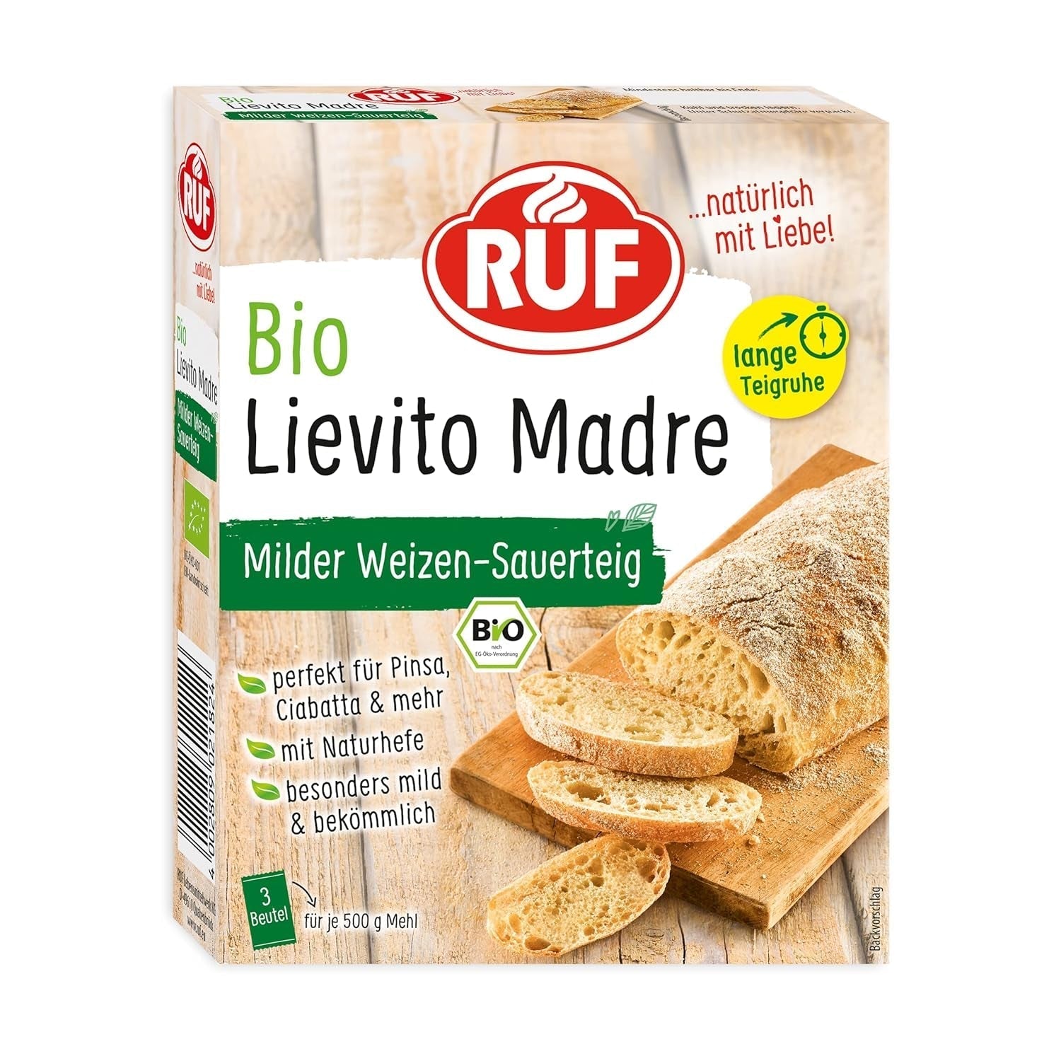 RUF Lievito Madre Sauerteig, Milder Weizen-Sauerteig, Mutterteig, Kurze Teigruhe Durch Enthaltene Trockenhefe, Lievito Madre Getrocknet Für Brot, Baguette, Focaccia, 3X35G Blandning för bakning och matlagning Naty Shop 105 G (1Er Pack) Lange